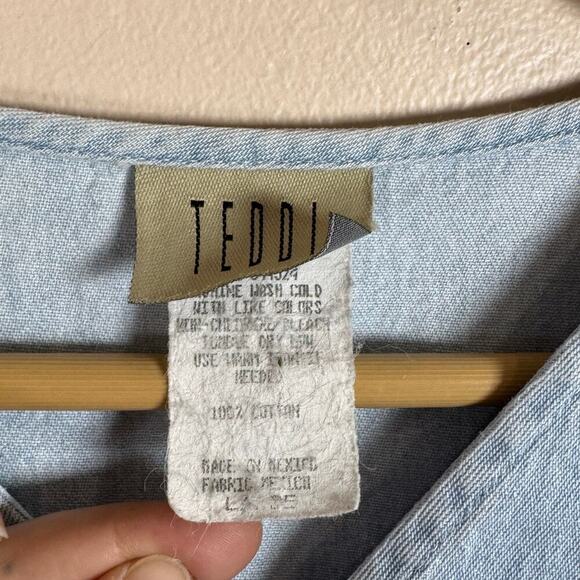 VTG 90s Cottage Floral Embroidered Cropped Boxy Large Cotton Button Down - Picture 4 of 6